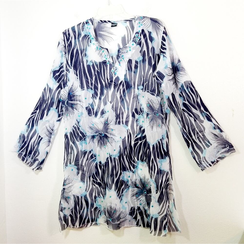 Sheer floral embroidered sequin beach cover up S